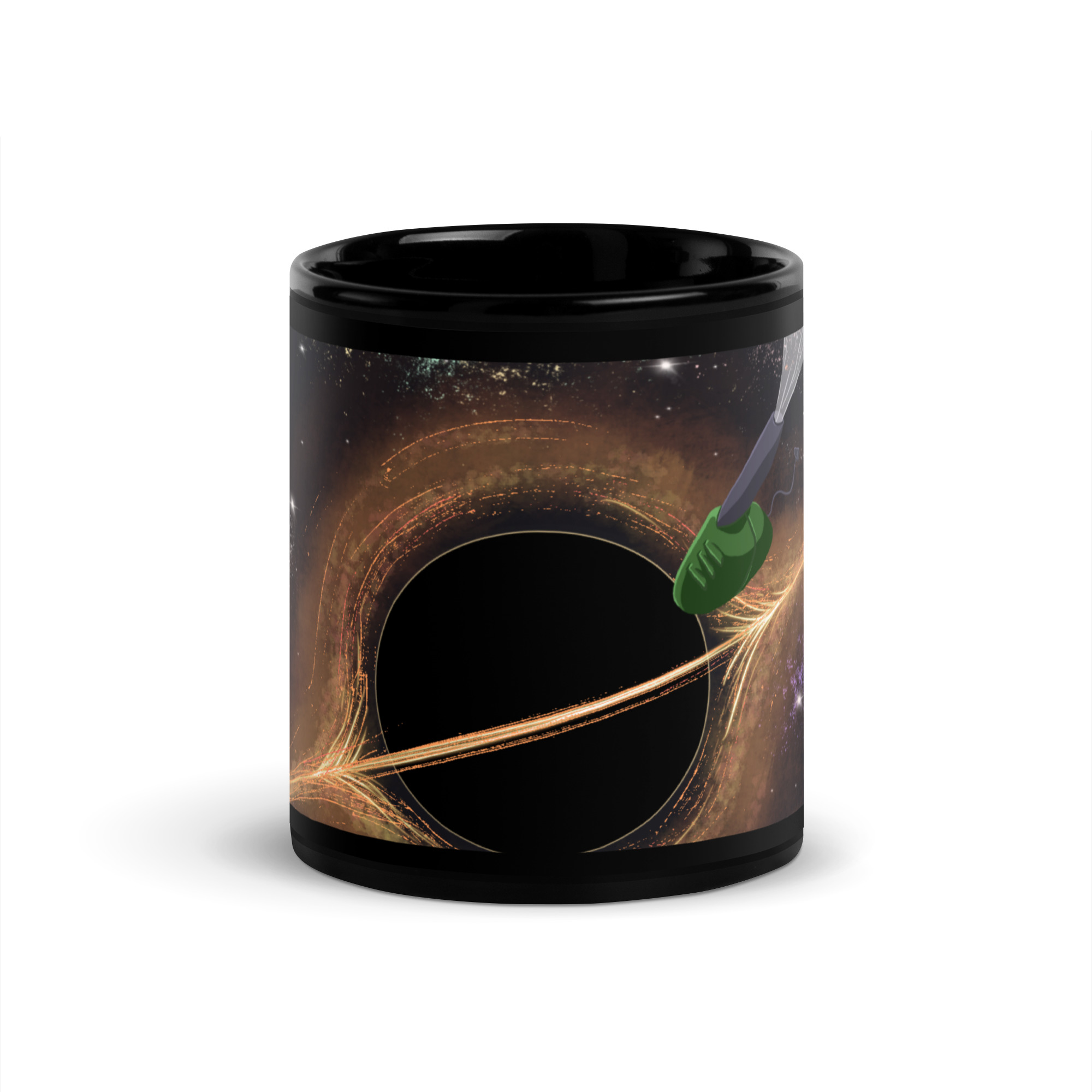 a mug with a picture of a leafblower falling into a black hole on it - Image 3