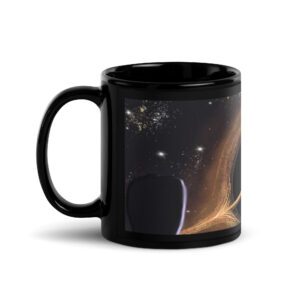 a mug with a picture of a leafblower falling into a black hole on it