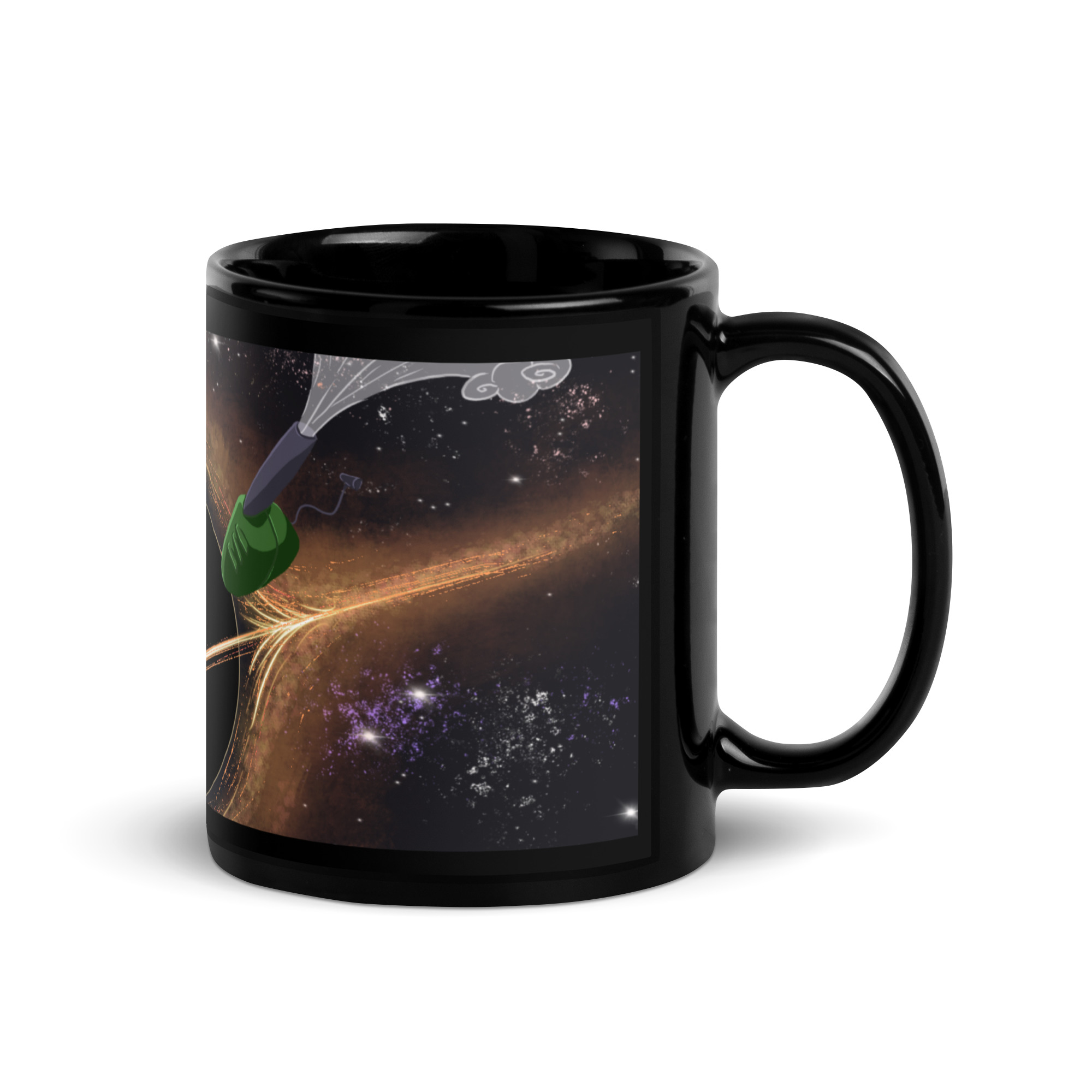 a mug with a picture of a leafblower falling into a black hole on it - Image 2