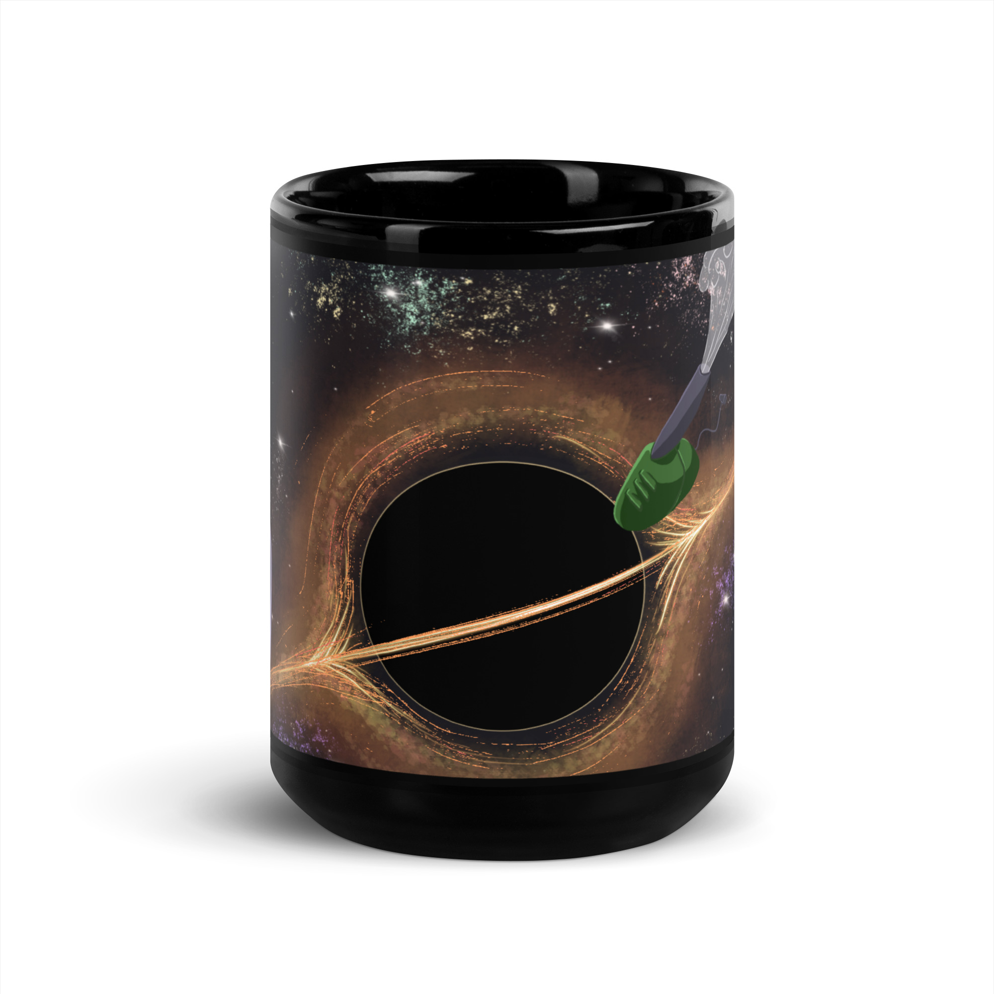 a mug with a picture of a leafblower falling into a black hole on it - Image 6