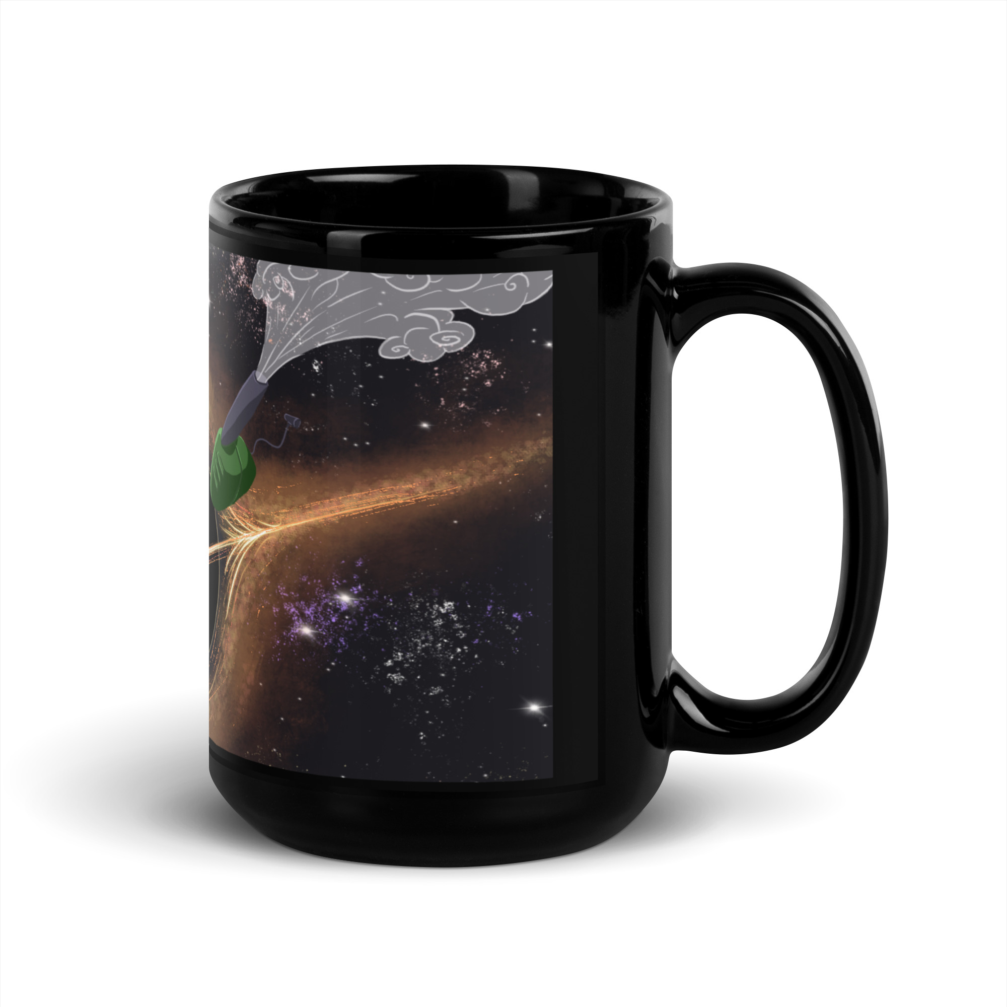 a mug with a picture of a leafblower falling into a black hole on it - Image 5